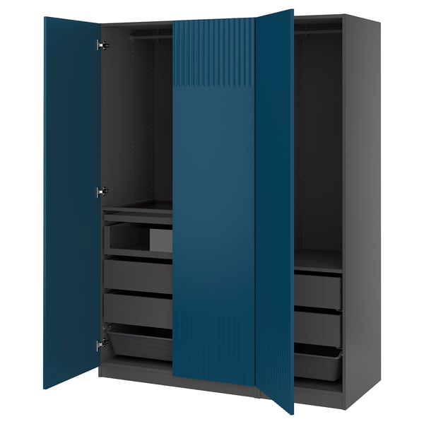 PAX wardrobe: blue, modern design with drawers and shelves.