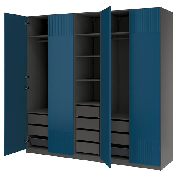 Blue PAX wardrobe with shelves and drawers, three open doors.