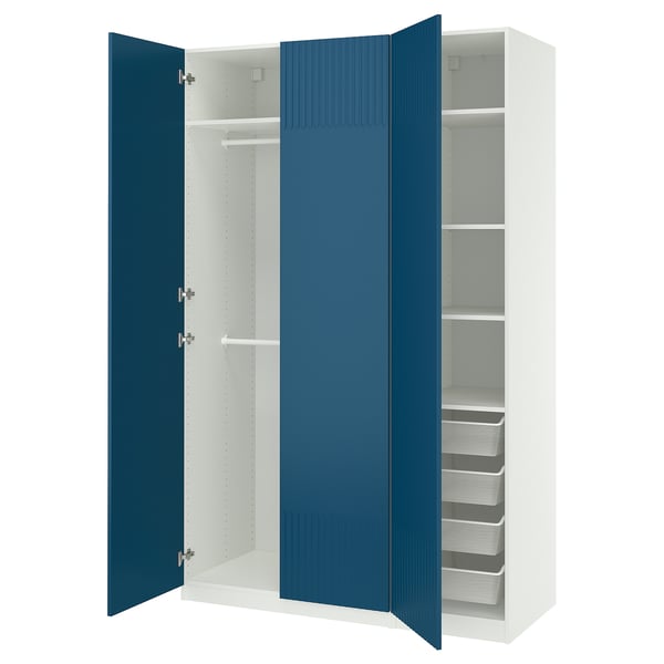 White and blue PAX wardrobe with mesh drawers, blue doors.