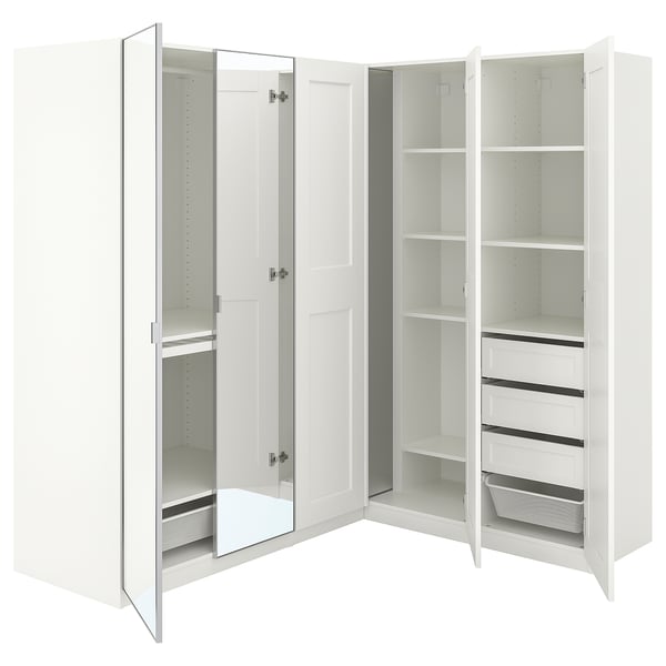 A white PAX corner wardrobe with mirrored doors and internal shelves.