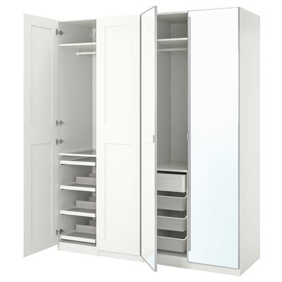 White PAX wardrobe with mirror doors, shelves, and pulls.