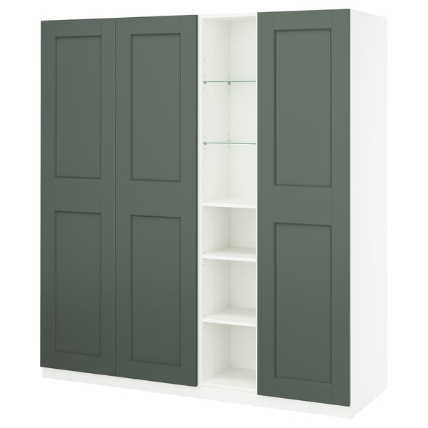 PAX wardrobe: green & white, rectangular, with six adjustable shelves, soft-close doors.