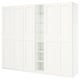 A white PAX wardrobe with closed and open sections, featuring a sleek, minimalist design.