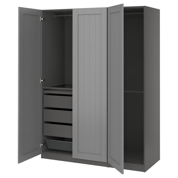 Modern grey PAX wardrobe with open doors, featuring shelves and drawers.