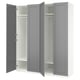 A grey IKEA PAX wardrobe with open doors, featuring shelves and a hanging rod inside.