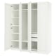 White, three-sectioned PAX wardrobe with open doors, showcasing shelves and compartments.