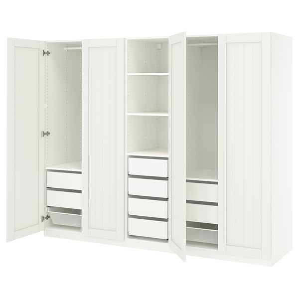 White PAX wardrobe with shelves, drawers, and rail, sleek and modern.