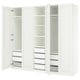 White PAX wardrobe, three sections with open doors, shelves, drawers, metal handles.