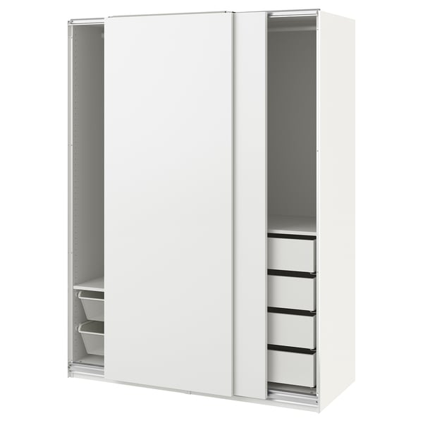 A white ikea PAX wardrobe with sliding doors. It has glass drawers and mesh baskets inside, and adjustable feet.