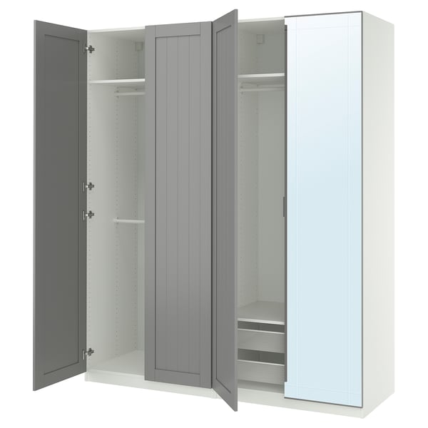 PAX wardrobe, grey & white, modern design. Glass, wood & metal materials. Tall, rectangular shape. Soft-closing doors, shelves & drawers.