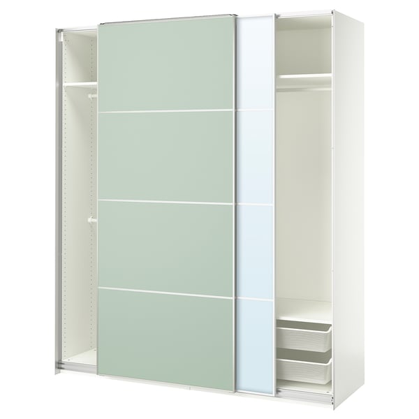 Depicts a white ikea PAX wardrobe with glass sliding doors and mesh drawers.