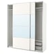 A white PAX wardrobe with mirrored sliding doors, containing shelves and a mesh basket.