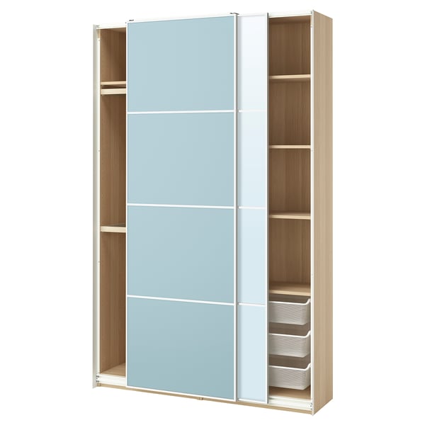 Open light blue PAX wardrobe with wooden shelves and sliding doors.