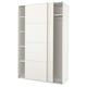 A white ikea PAX wardrobe with sliding doors and shelves.