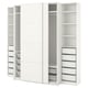 A white PAX wardrobe with sliding doors and multiple shelves, drawers, and storage bins. Its designed for organised storage with sleek, modern lines.