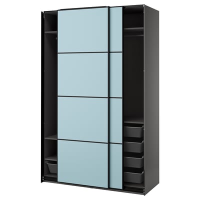 An IKEA PAX wardrobe with light blue sliding doors and a grey frame, featuring mesh drawers and adjustable shelves.