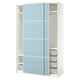 An ikea PAX wardrobe with light blue sliding doors and white interiors, featuring mesh storage baskets.