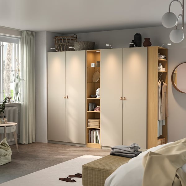 PAX / REINSVOLL Wardrobe combination, grey-beige grey-beige/oak effect, 255x60x201 cm