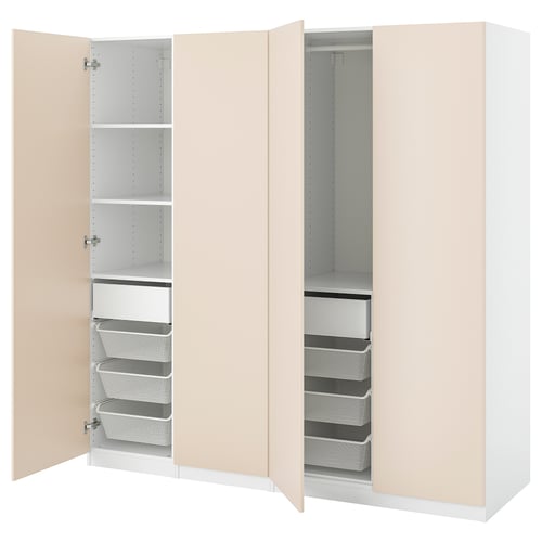 This image two light beige PAX wardrobes with open doors, showcasing shelves, drawers, and mesh storage baskets inside.
