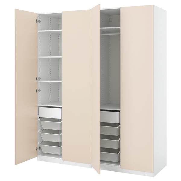 White PAX wardrobe with left and right sections, each featuring four shelves, three pull-out baskets, and a drawer system in a minimalist design.