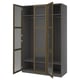 A gray ikea PAX wardrobe with open doors, featuring a black mesh interior and a wooden trim.