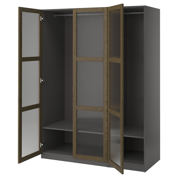 Open PAX wardrobe in black with glass doors.