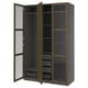 A PAX wardrobe in grey with wooden accents, featuring two open doors revealing shelves and a hanging rod inside.