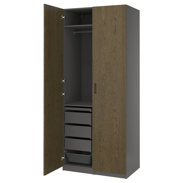 Brown & black PAX wardrobe with drawers & hanging space, modern wood & metal design