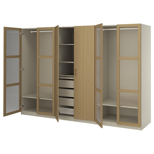 Beige ikea PAX wardrobe with oak shelves & drawers
