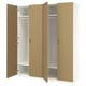 PAX wardrobe with light wood doors, fully open revealing white shelves, with handles and hinges.
