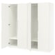 White PAX wardrobe, awaits setup. Open sections, hinges, shelves. Modern, simple design.