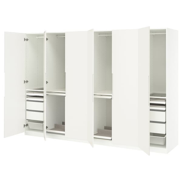 This image the white ikea PAX wardrobe with mirrored doors, offering a sleek design and ample storage space.
