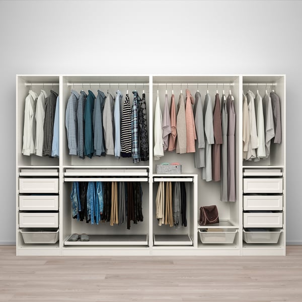 Organised white wardrobe with adjustable feet, dampers, and jewellery trays.