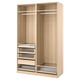Light wood PAX wardrobe with hanging rail, shelves, and glass-fronted drawers, organized and stylish.
