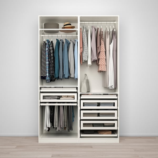 This image shows a well-organized wardrobe with hanging shirts and dresses, plus drawers for accessories.