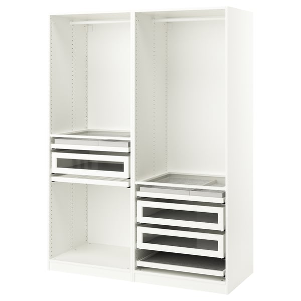 Alt: white PAX wardrobe system with drawers and shelves.