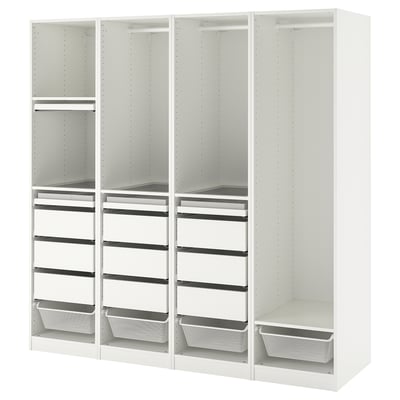 White ikea PAX wardrobe, six sections, metal baskets, glass shelves.