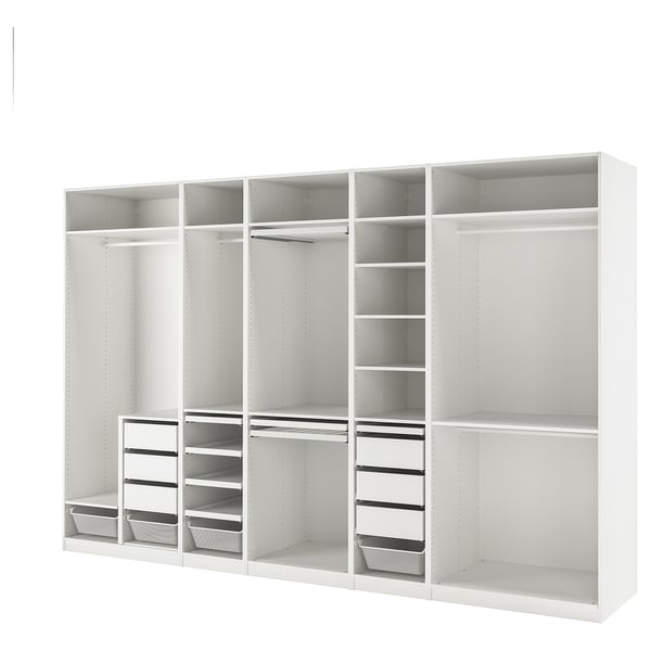 White PAX walk-in closet with shelves, drawers, hangers.