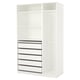 A white PAX wardrobe with open shelves and pull-out drawers, designed for organised storage.