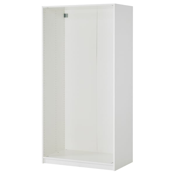 White PAX wardrobe frame, slim design, soft close hinges.