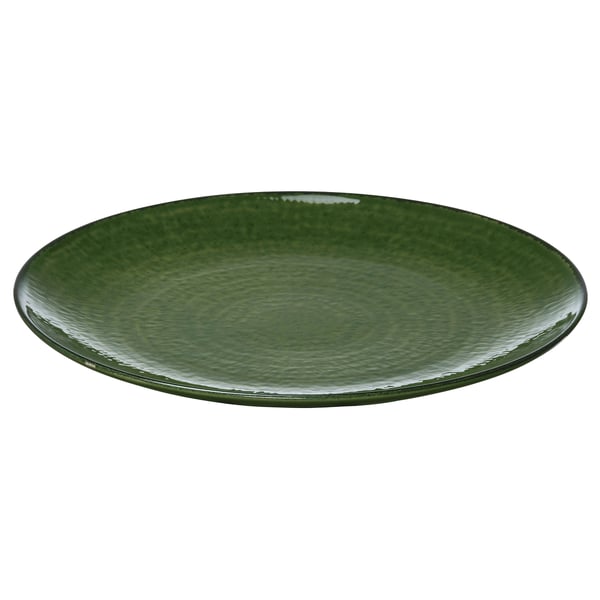 Green stoneware plate with glossy finish, dark rim, classic shape.