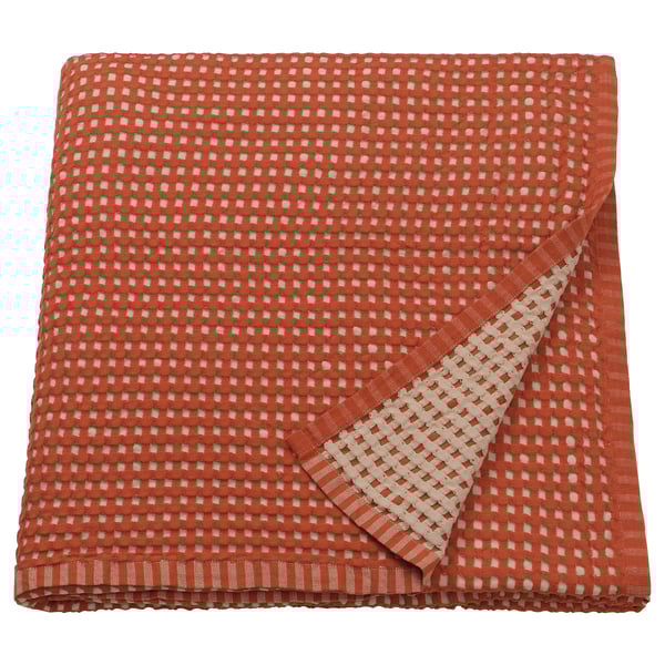 Bright orange chequered blanket, reversible, 100% cotton, folded square.