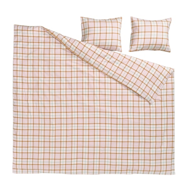 A PEROVSKIA pink/white plaid duvet set in soft, recycled cotton flannel.