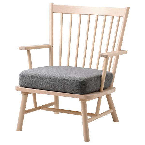 PERSBOL wooden chair, light finish, grey cushion, classic design, slatted back, armrests.