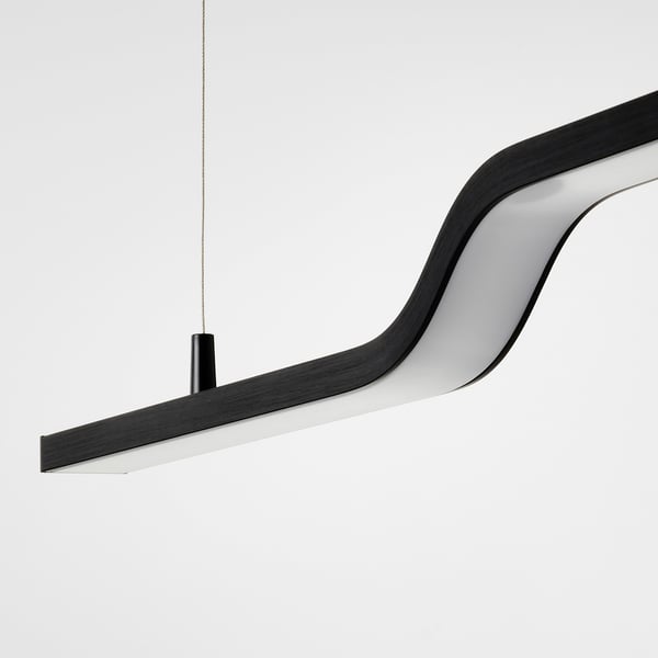 Modern pendant lamp with sleek, curved design and bright led light, suspended by a minimalist end cap and cable.