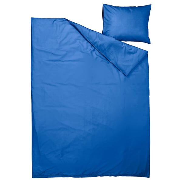 Bright blue adults bedding set. Solid colour, rectangular duvet & pillow covers. Recycled polyester & viscose.