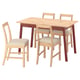 Light pine dining set with table and 4 chairs, beige upholstery.