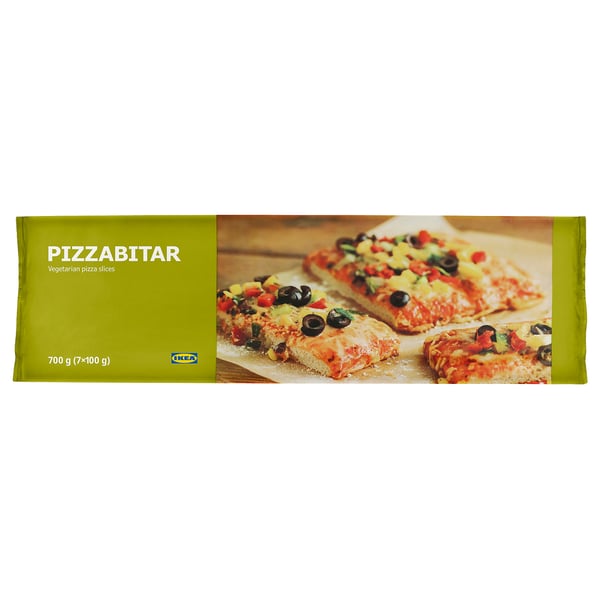 Image shows a box of IKEAs PIZZABITAR, featuring vegetarian pizza slices. The packaging displays photos of pizza slices with various toppings.