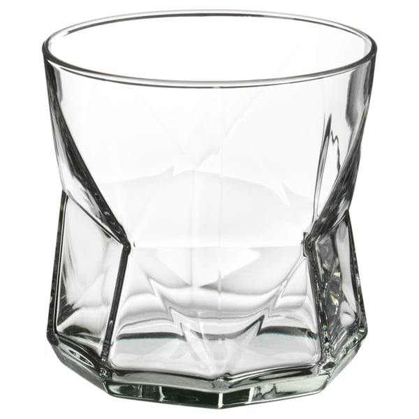 A clear, geometric-shaped glass named PLANERA, made of glass, with a diamond-like pattern.