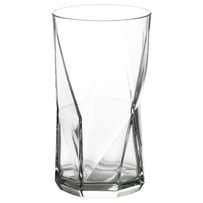 PLANERA clear glass cup, modern angular design, tall and transparent.